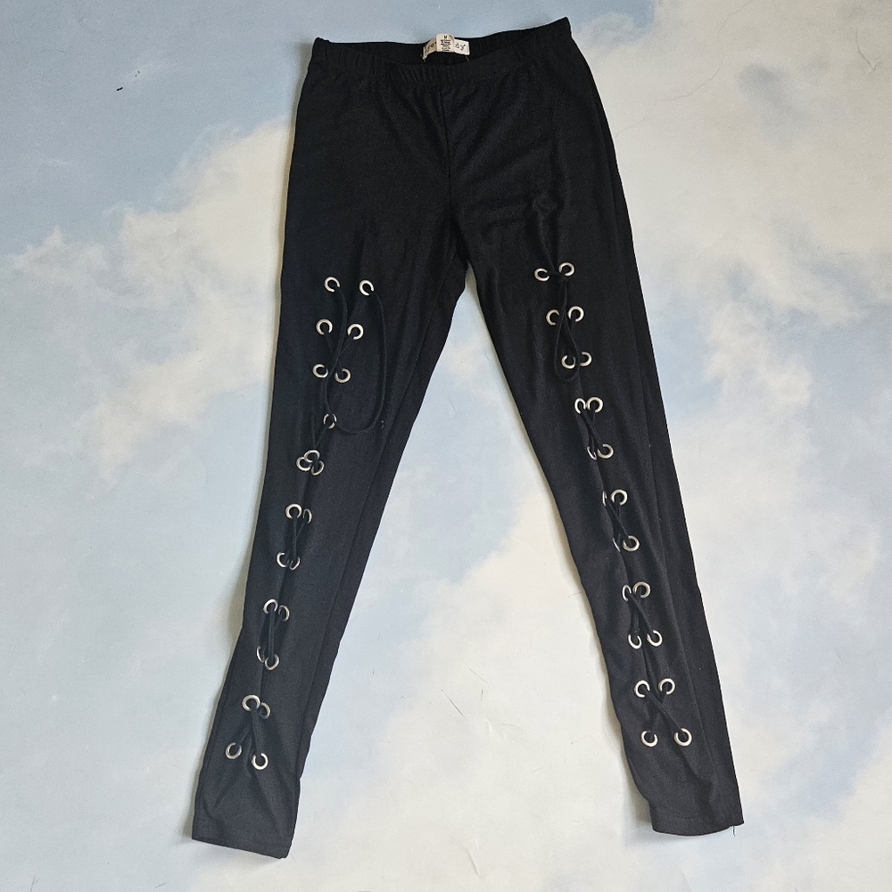 Black Lace-Up Leggings Grommet Lace Corset Leggings Pants